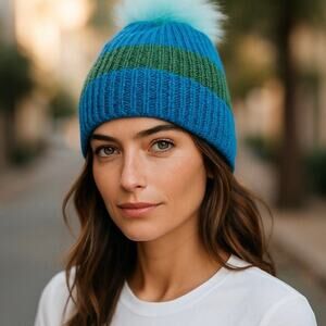 NEW Hat Attack Happy Stripes Blue Green Real Fur Pom Knit Beanie Hat One Size